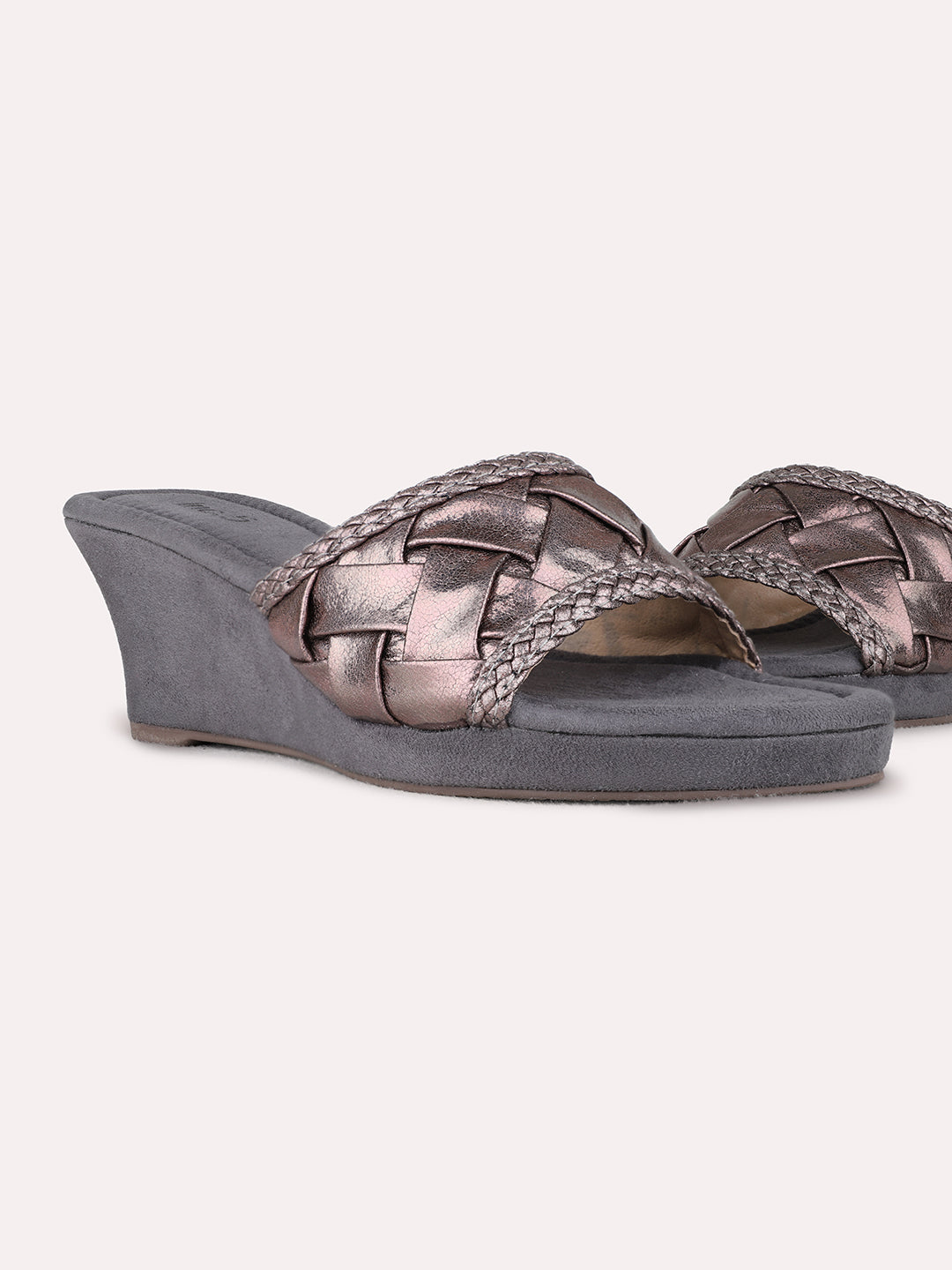 Womens Pewter Party Wear Printed Round Toe Wedge Heels