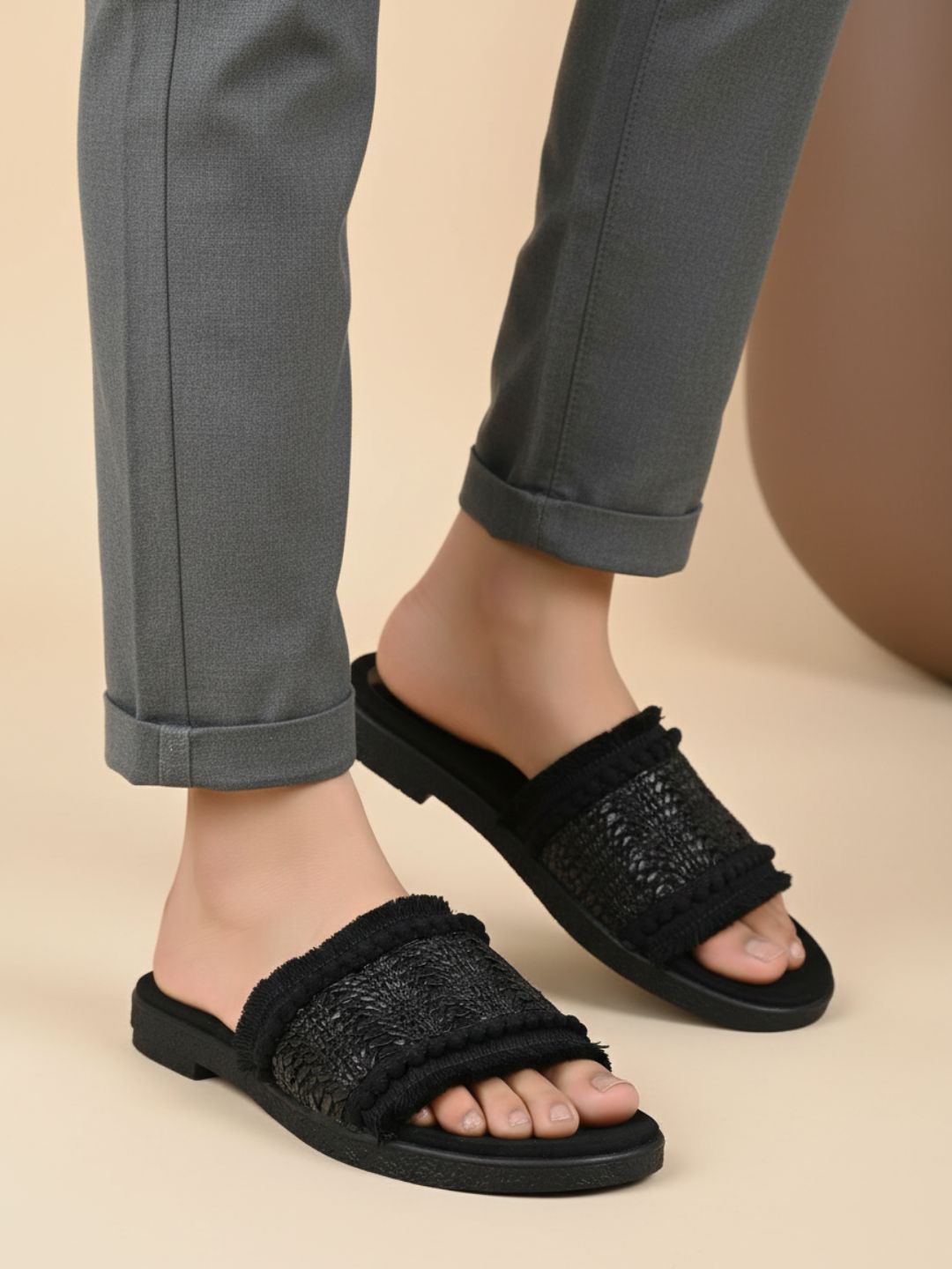 Womens Black Casual Embellished Pattern Open Toe Flat Slip-Ons
