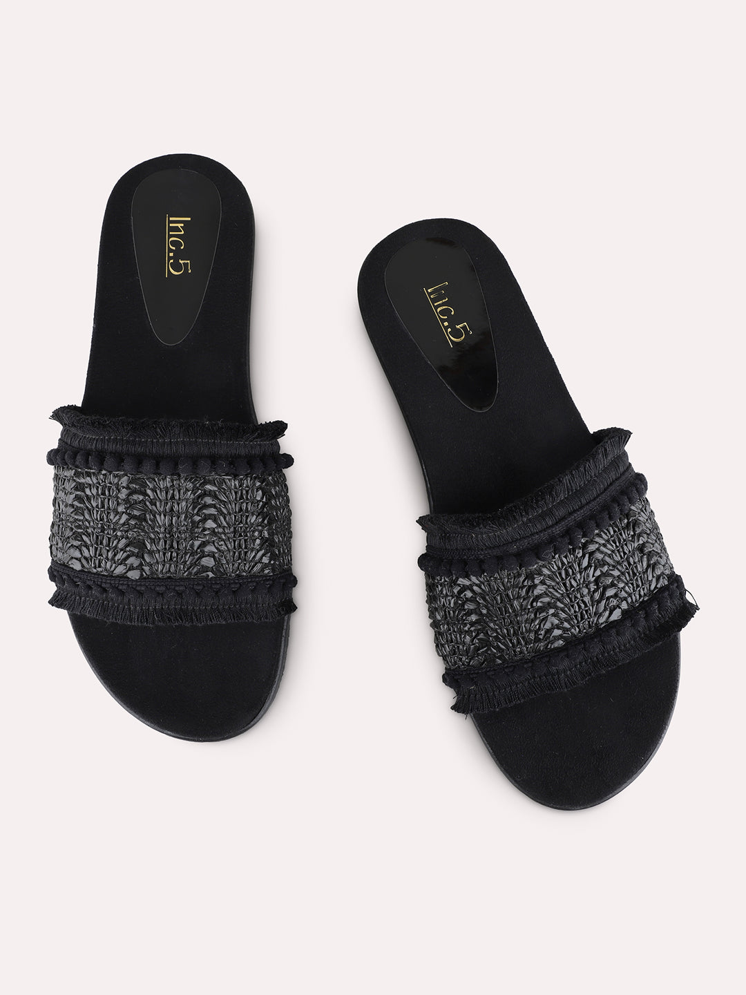 Womens Black Casual Embellished Pattern Open Toe Flat Slip-Ons