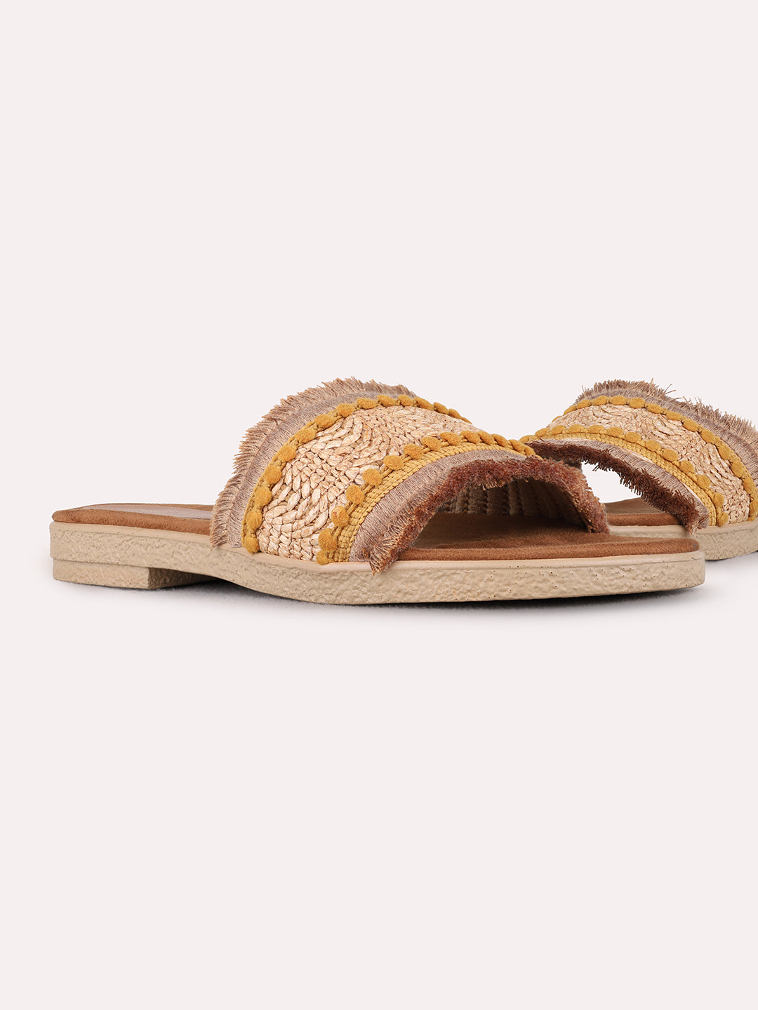 Womens Tan Casual Embellished Open Toe Flat Slip-Ons