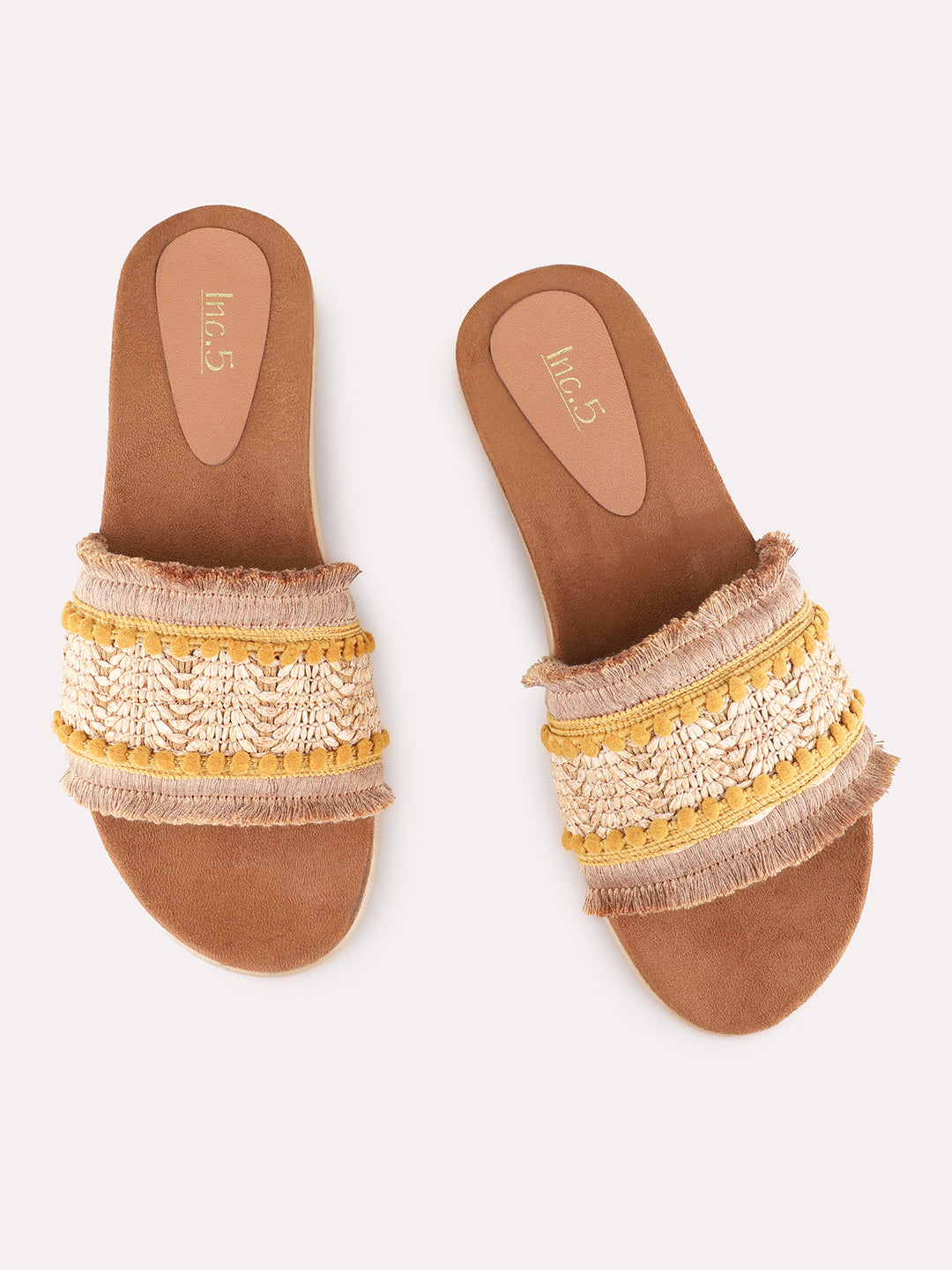 Womens Tan Casual Embellished Open Toe Flat Slip-Ons