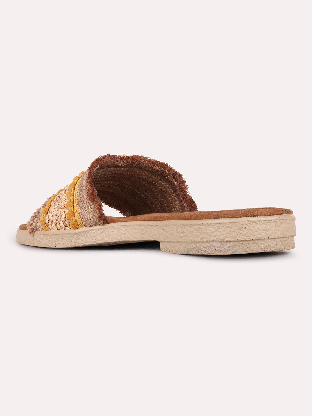 Womens Tan Casual Embellished Open Toe Flat Slip-Ons