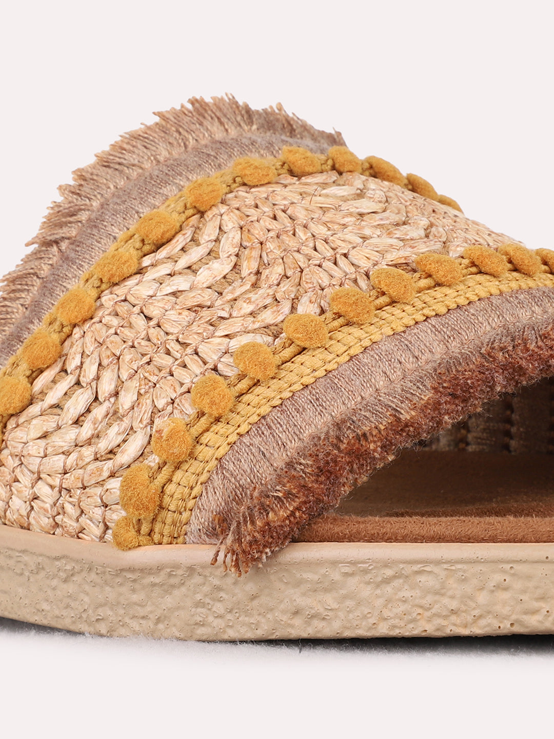 Womens Tan Casual Embellished Open Toe Flat Slip-Ons