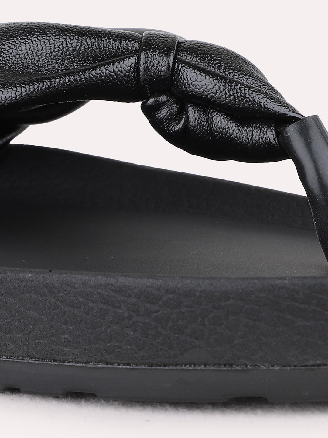 Womens Black Casual Solid T-Strap Slip-On Sandals