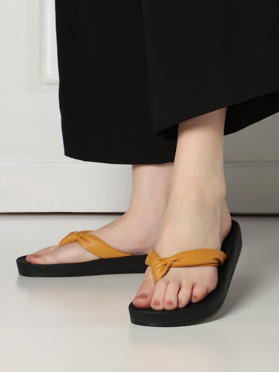 Womens Mustard Casual Solid T-Strap Flat Slip-On Sandals