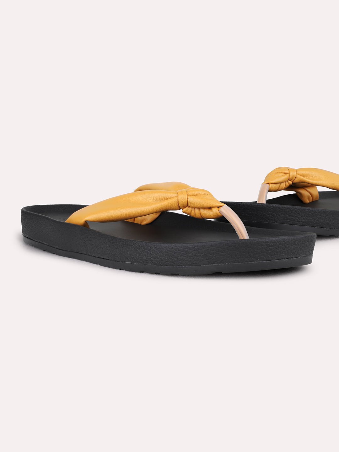 Womens Mustard Casual Solid T-Strap Flat Slip-On Sandals