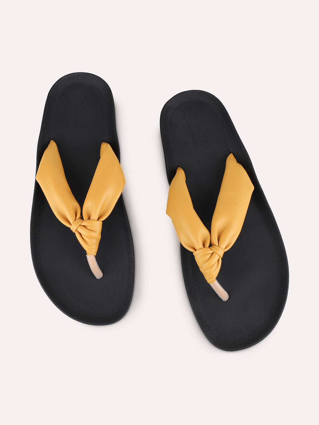 Womens Mustard Casual Solid T-Strap Flat Slip-On Sandals