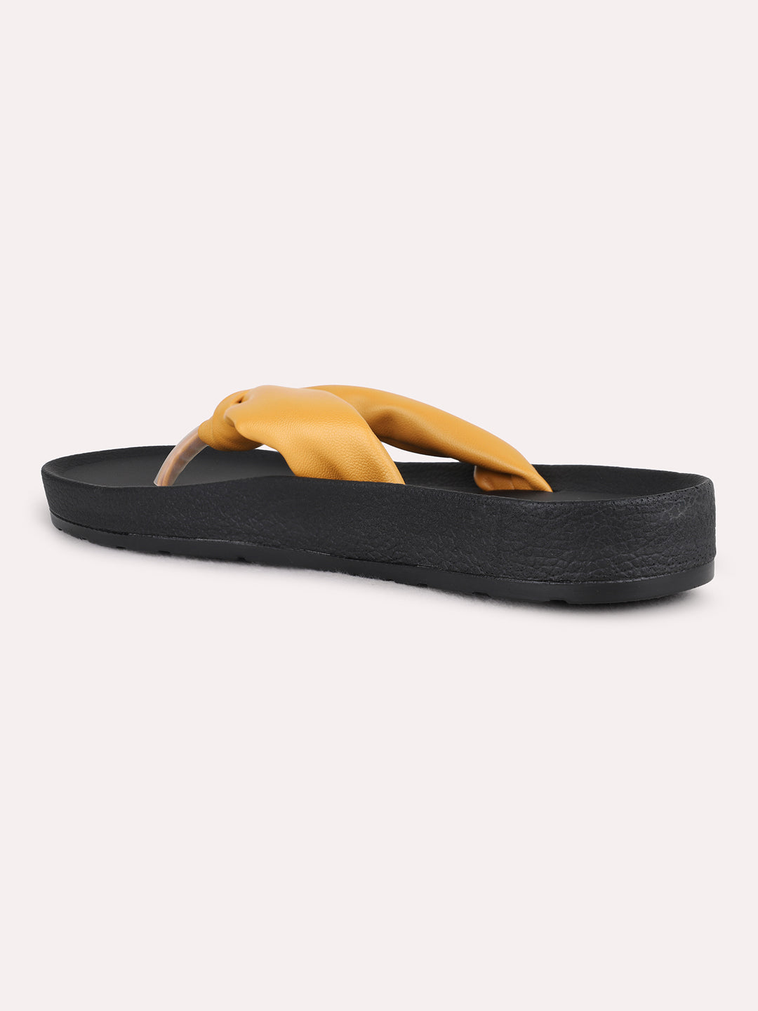 Womens Mustard Casual Solid T-Strap Flat Slip-On Sandals
