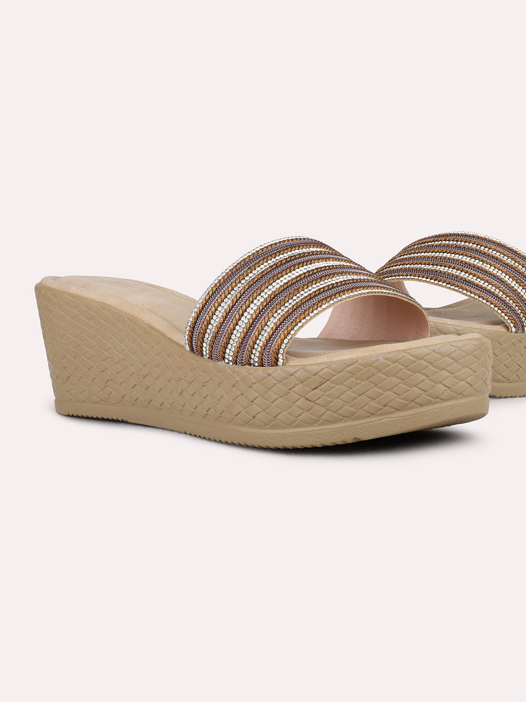 Womens Golden Ethnic Embellished Pattern Wedge Heel Sandals