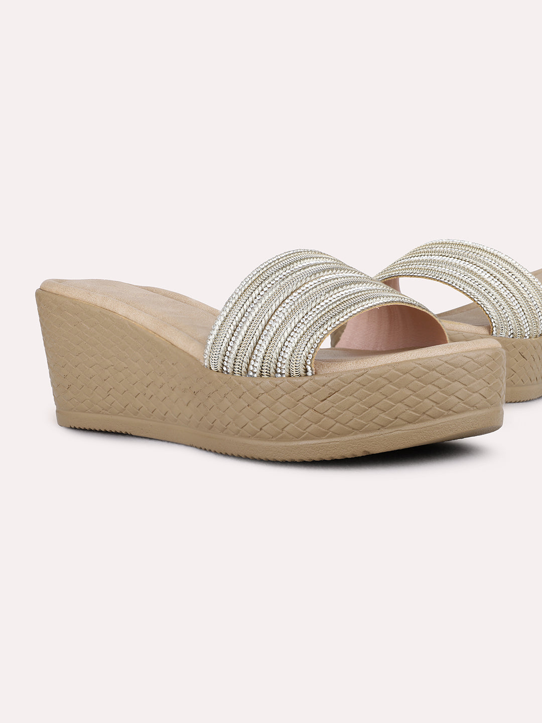 Womens Golden Ethnic Embellished Wedges Heels