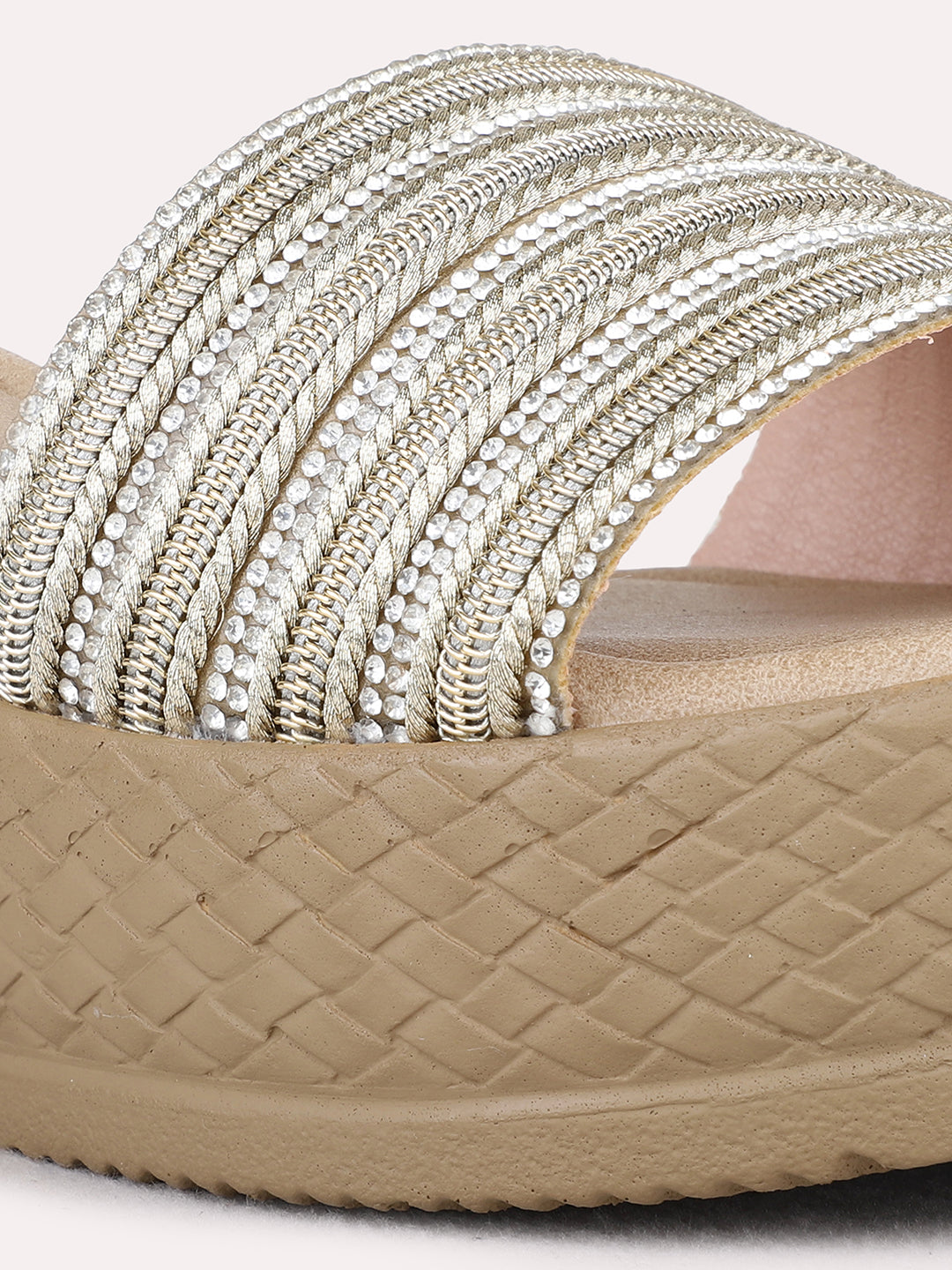 Womens Golden Ethnic Embellished Wedges Heels