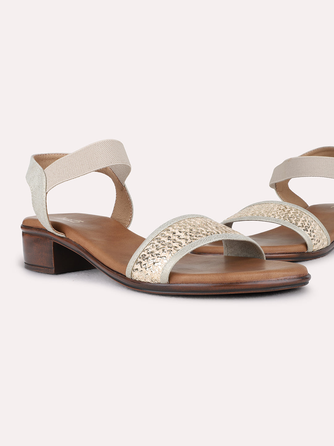 Womens Golden Casual Embellished Pattern Block Heel Sandals