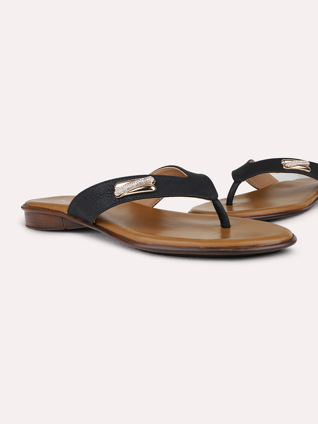 Womens Black Casual T-Strap Flat Slip-On Sandals