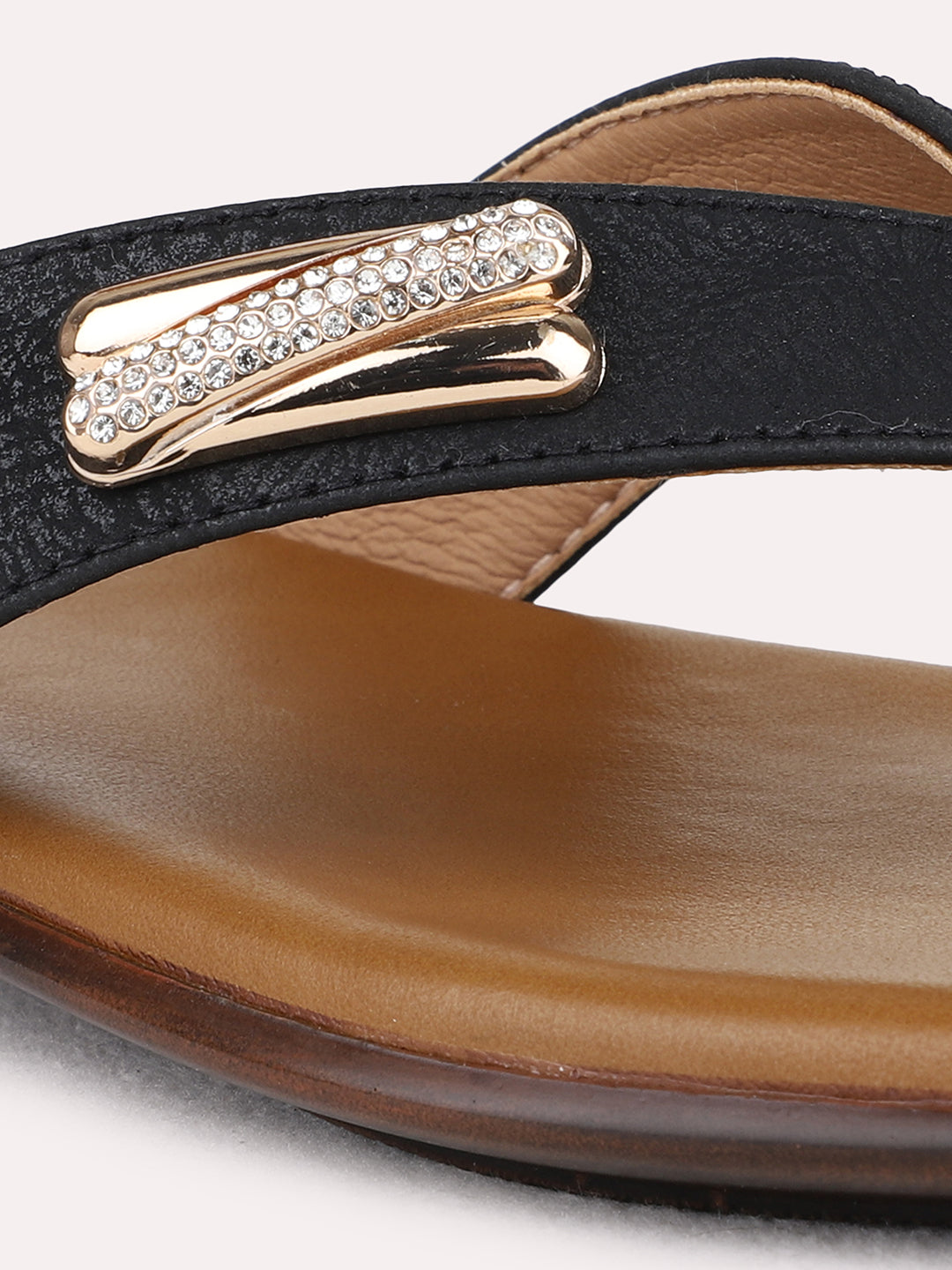 Womens Black Casual T-Strap Flat Slip-On Sandals