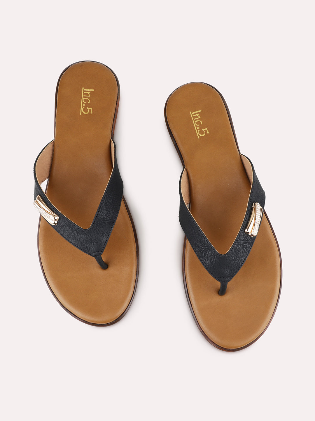 Womens Black Casual T-Strap Flat Slip-On Sandals