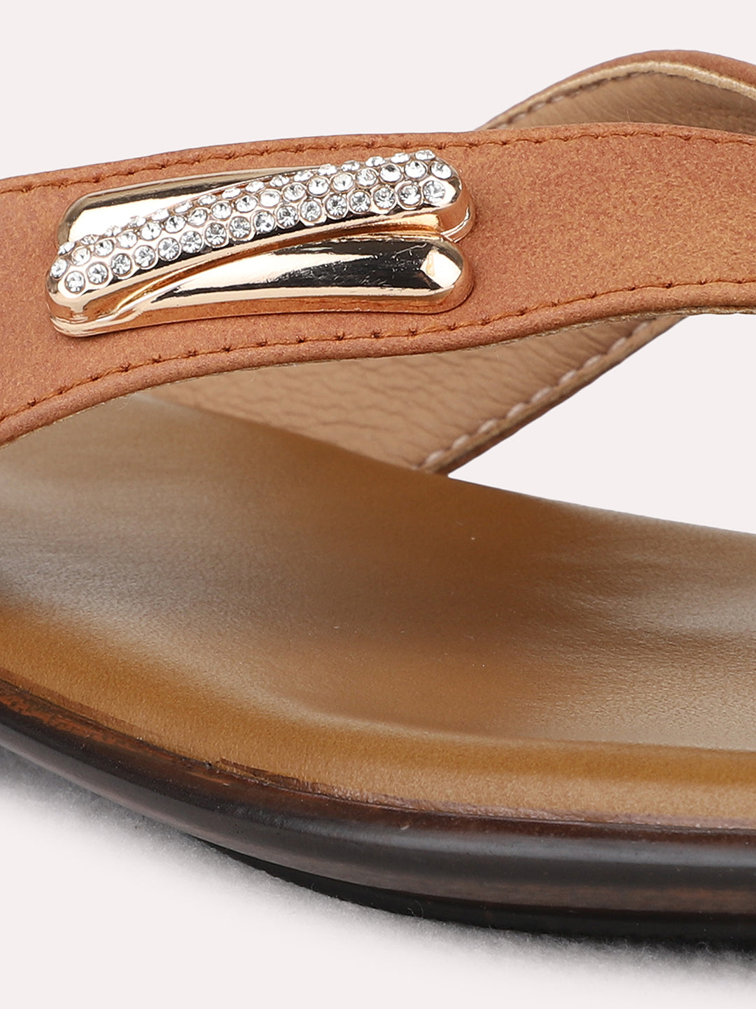 Womens Tan Casual Solid T-Strap Flat Slip-On Sandals