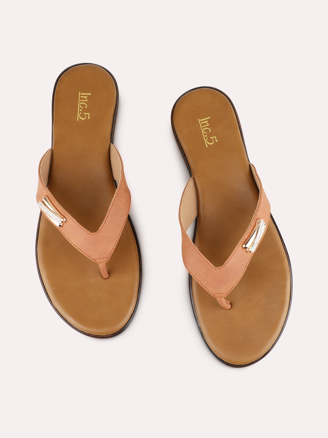Womens Tan Casual Solid T-Strap Flat Slip-On Sandals