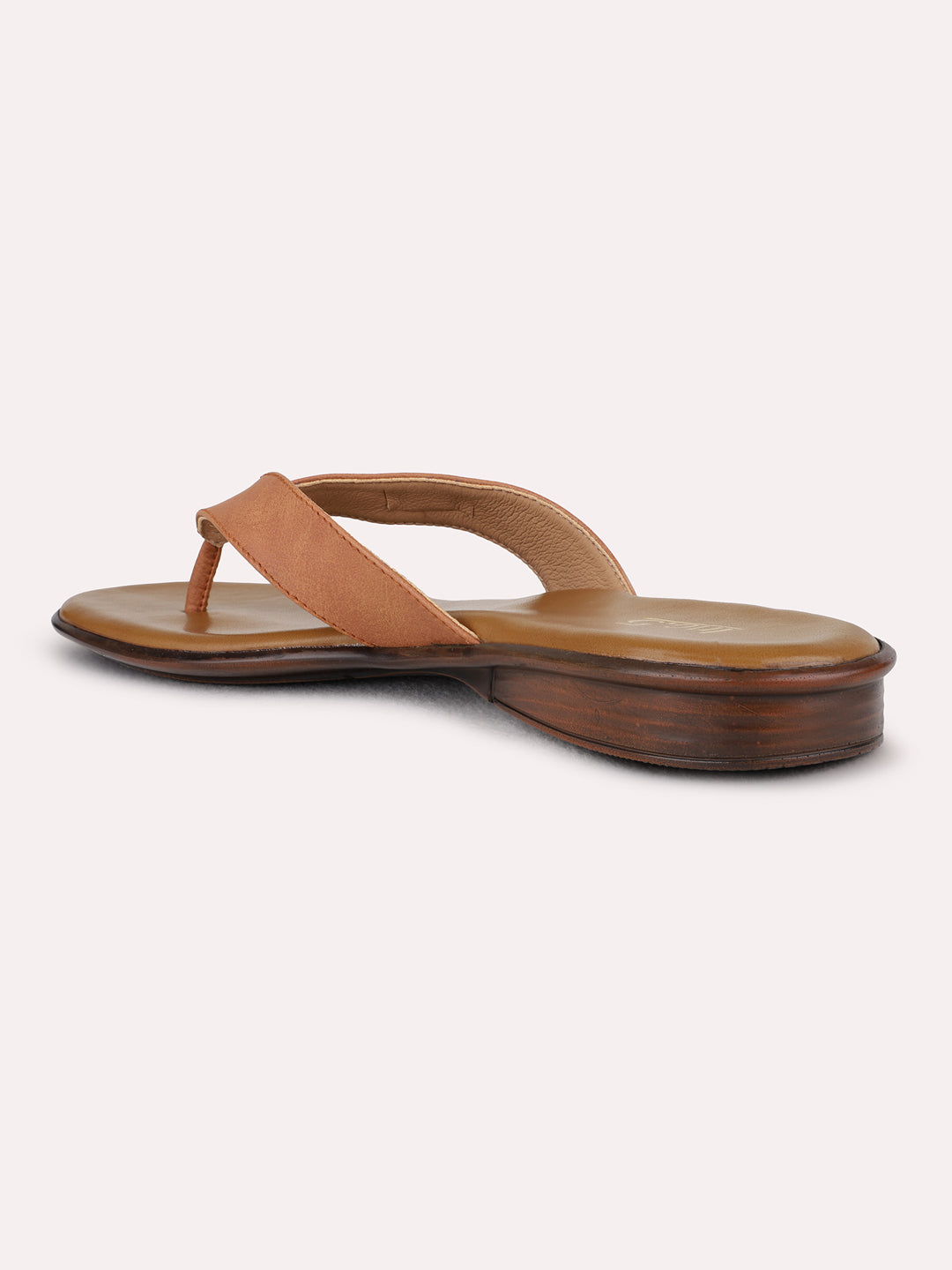 Womens Tan Casual Solid T-Strap Flat Slip-On Sandals