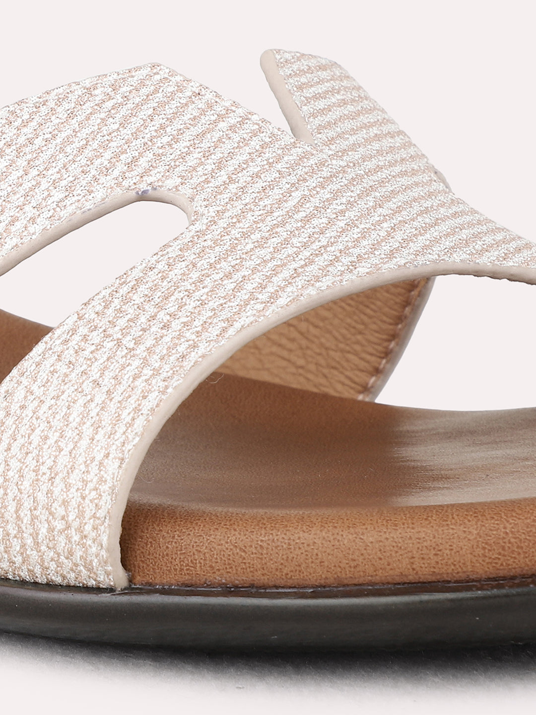 Womens Beige Party Wear Striped Kitten Heel Sandals