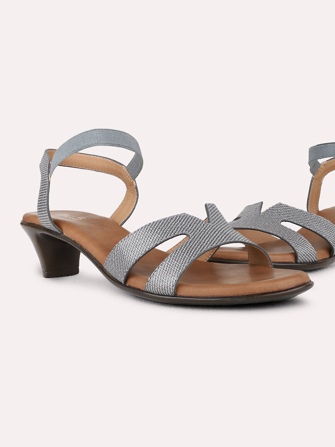 Womens Grey Party Wear Striped Kitten Heel Sandals