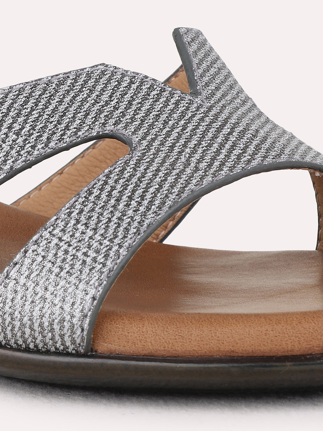 Womens Grey Party Wear Striped Kitten Heel Sandals