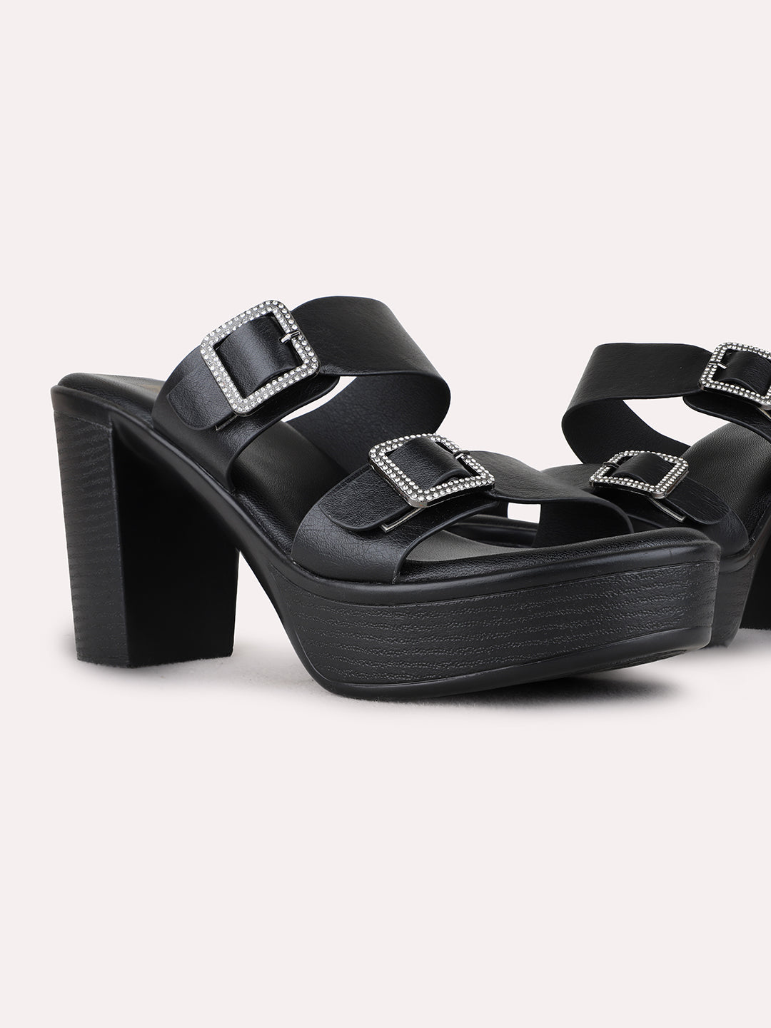 Womens Black Party Wear Solid Round Toe Flatform Heels