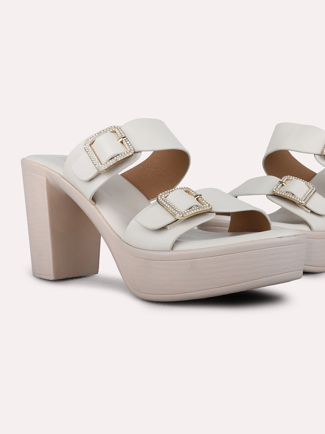 Womens Cream Party Wear Solid Round Toe Platform Heel Sandals