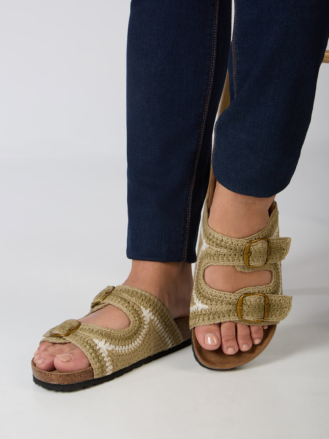Womens Green Ethnic Embellished Open Toe Flats
