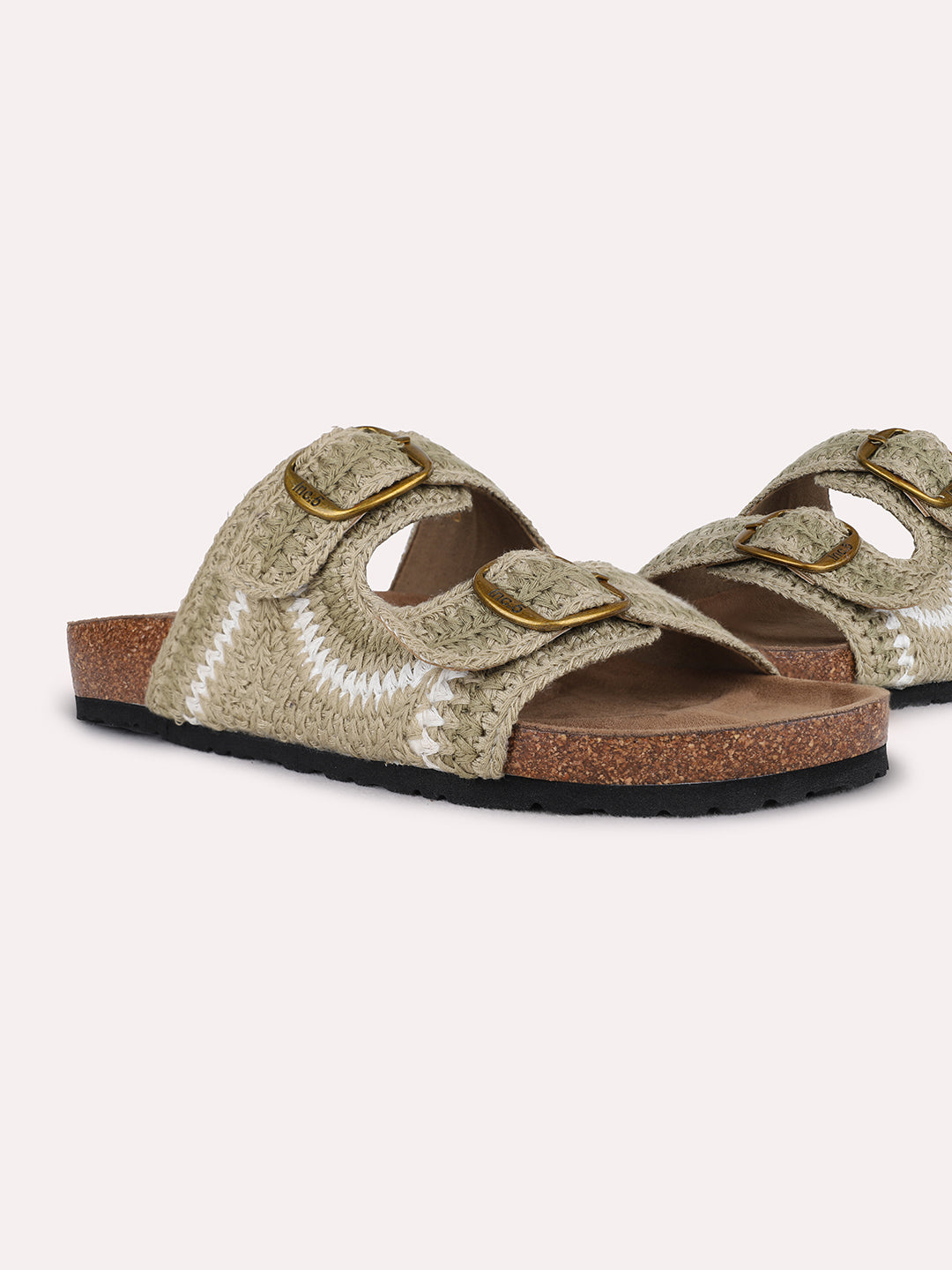 Womens Green Ethnic Embellished Open Toe Flat Slip-On Sandals