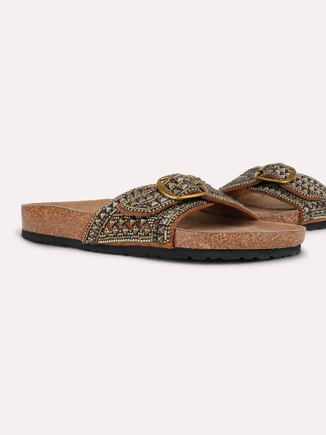 Womens Golden Ethnic Embellished Open Toe Slip-On Sandals