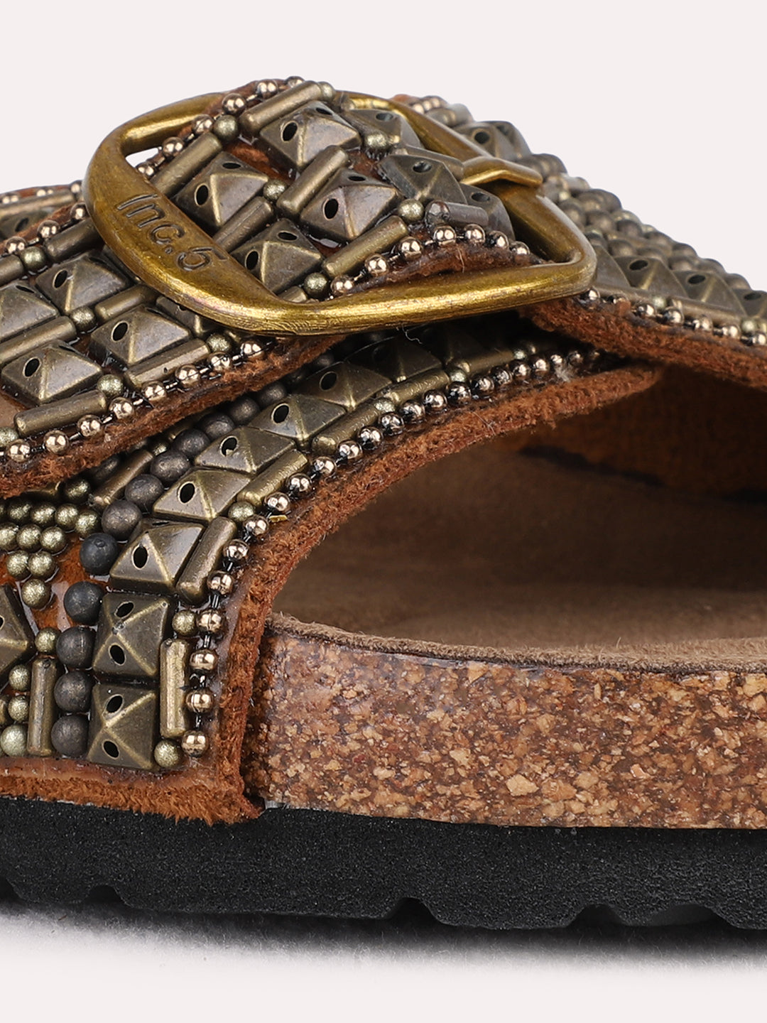 Womens Golden Ethnic Embellished Open Toe Slip-On Sandals