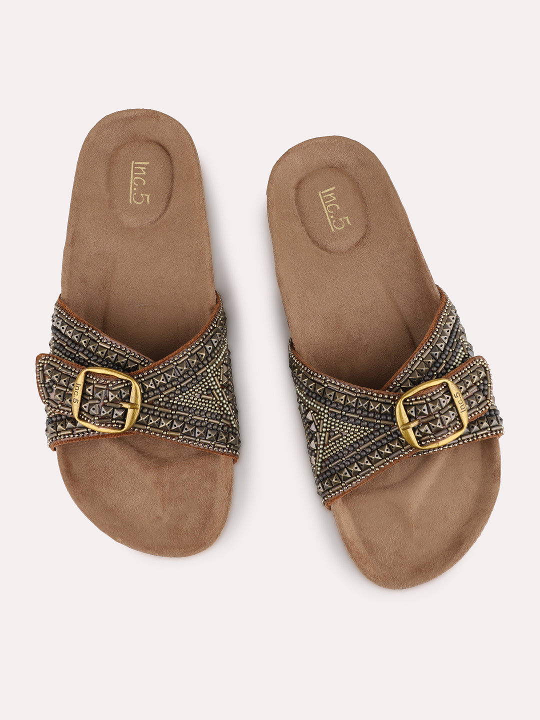 Womens Golden Ethnic Embellished Open Toe Slip-On Sandals