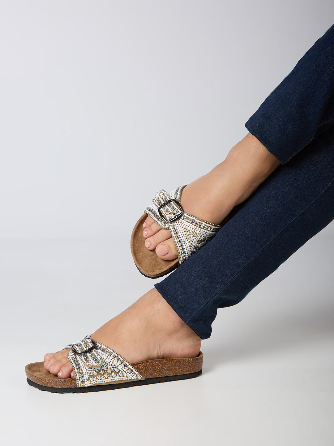 Womens Beige Casual Embellished Open Toe Flats