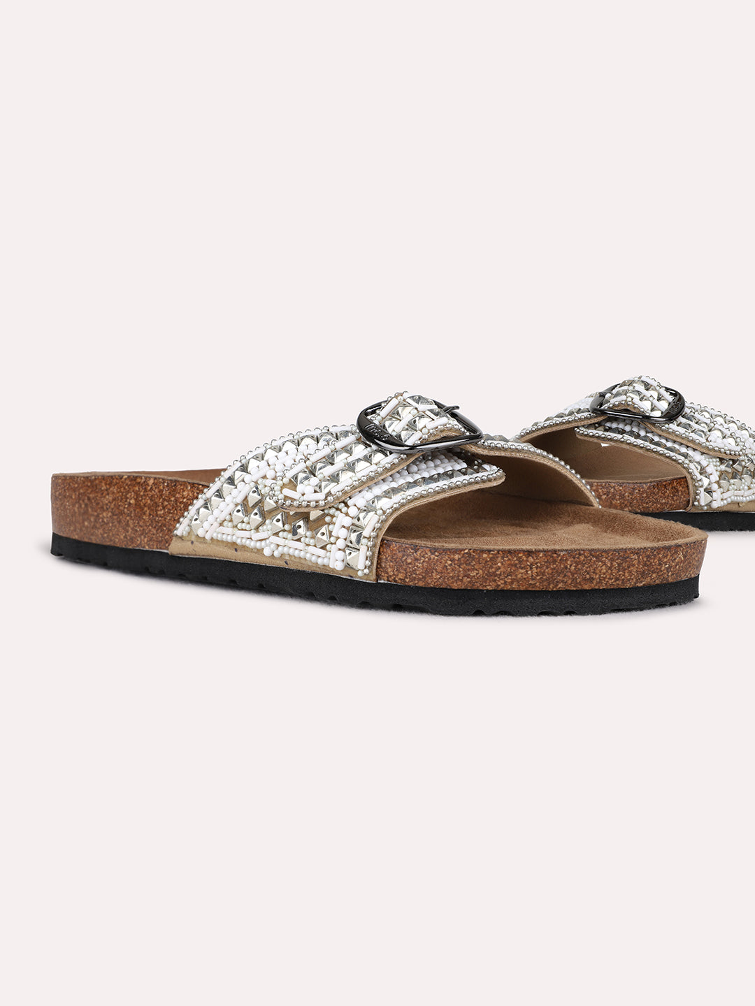 Womens Beige Casual Embellished Open Toe Flats