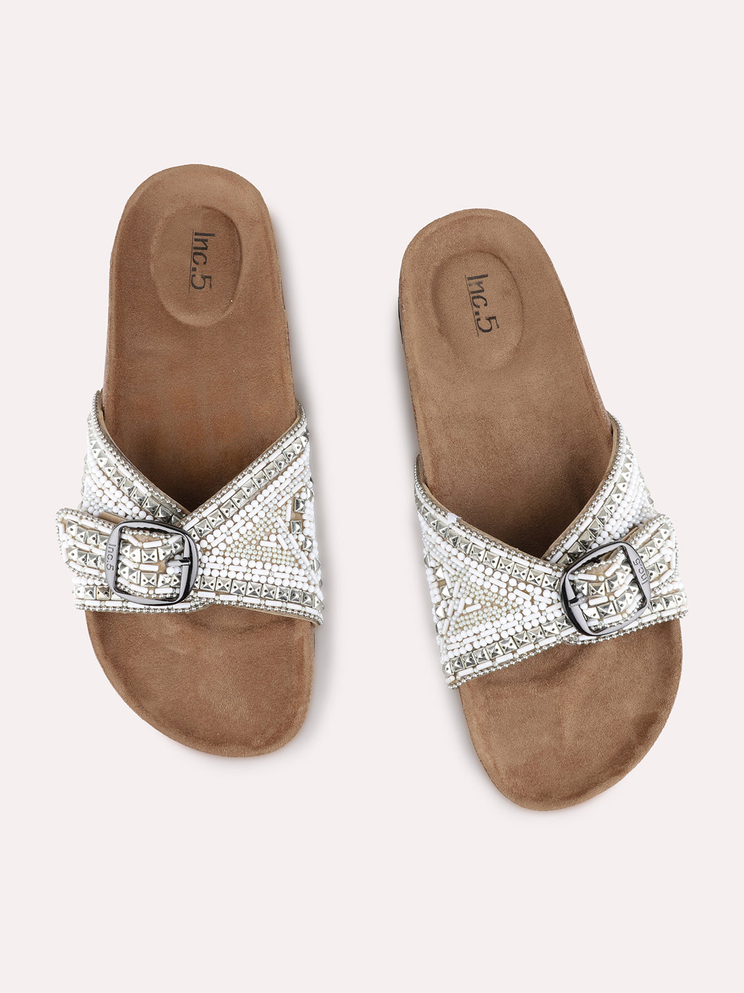 Womens Beige Casual Embellished Open Toe Flats