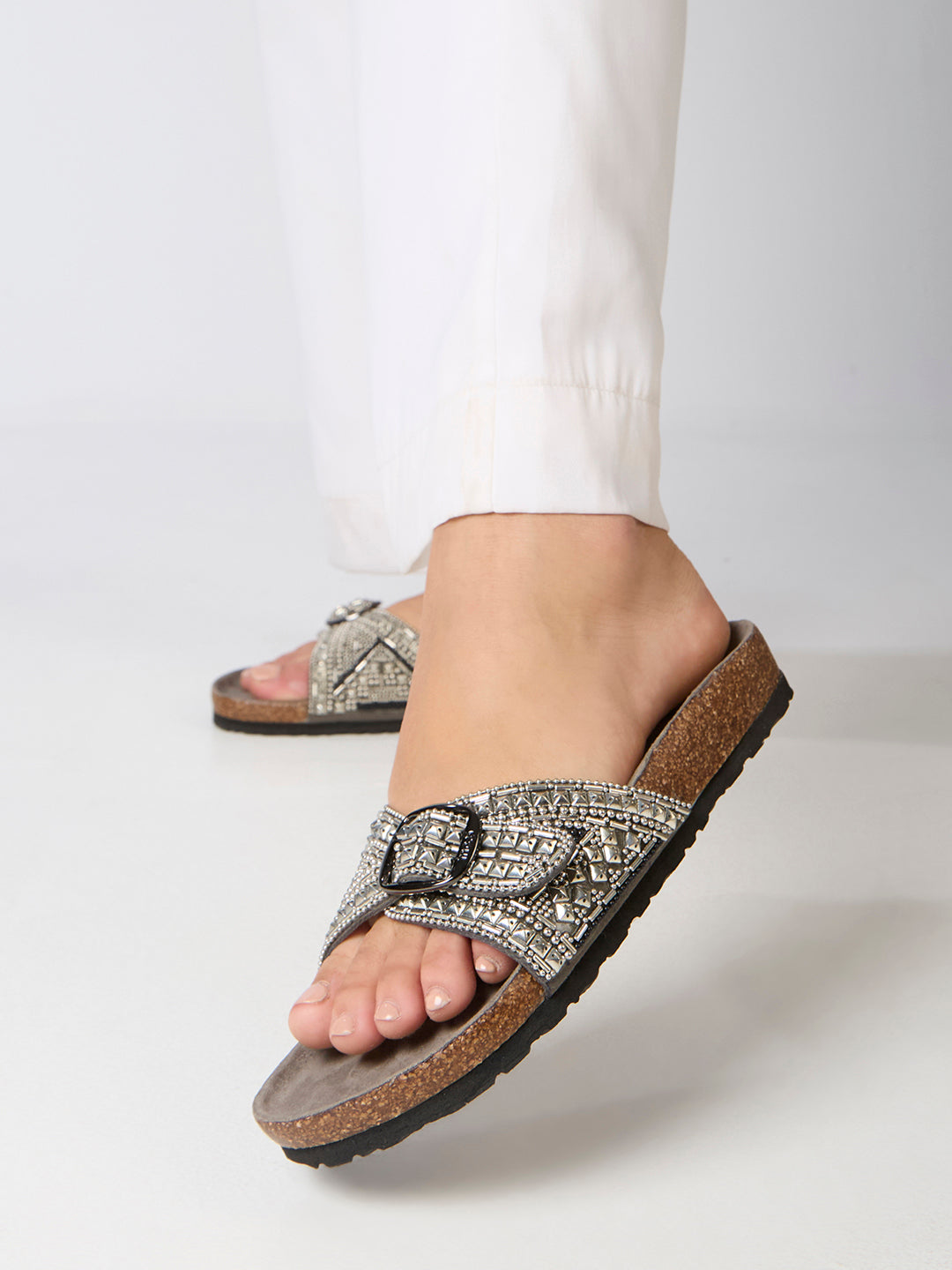 Womens Silver Ethnic Embellished Open Toe Flat Slip-On Sandals