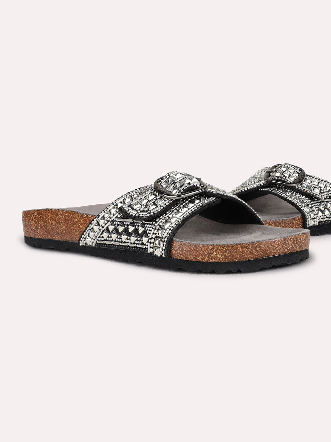 Womens Silver Ethnic Embellished Open Toe Flat Slip-On Sandals