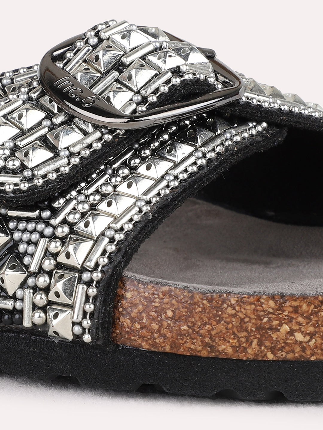 Womens Silver Ethnic Embellished Open Toe Flat Slip-On Sandals