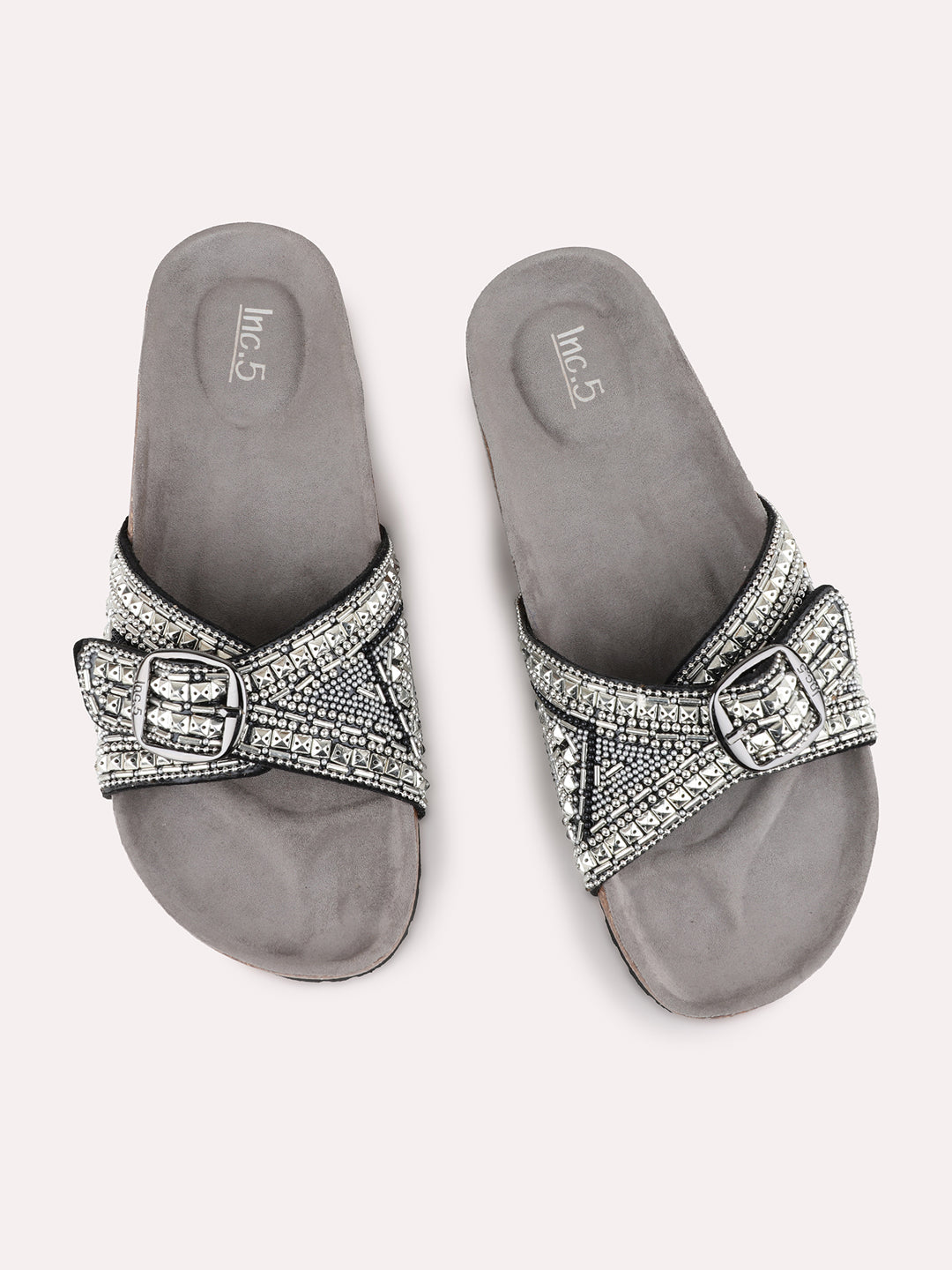 Womens Silver Ethnic Embellished Open Toe Flat Slip-On Sandals