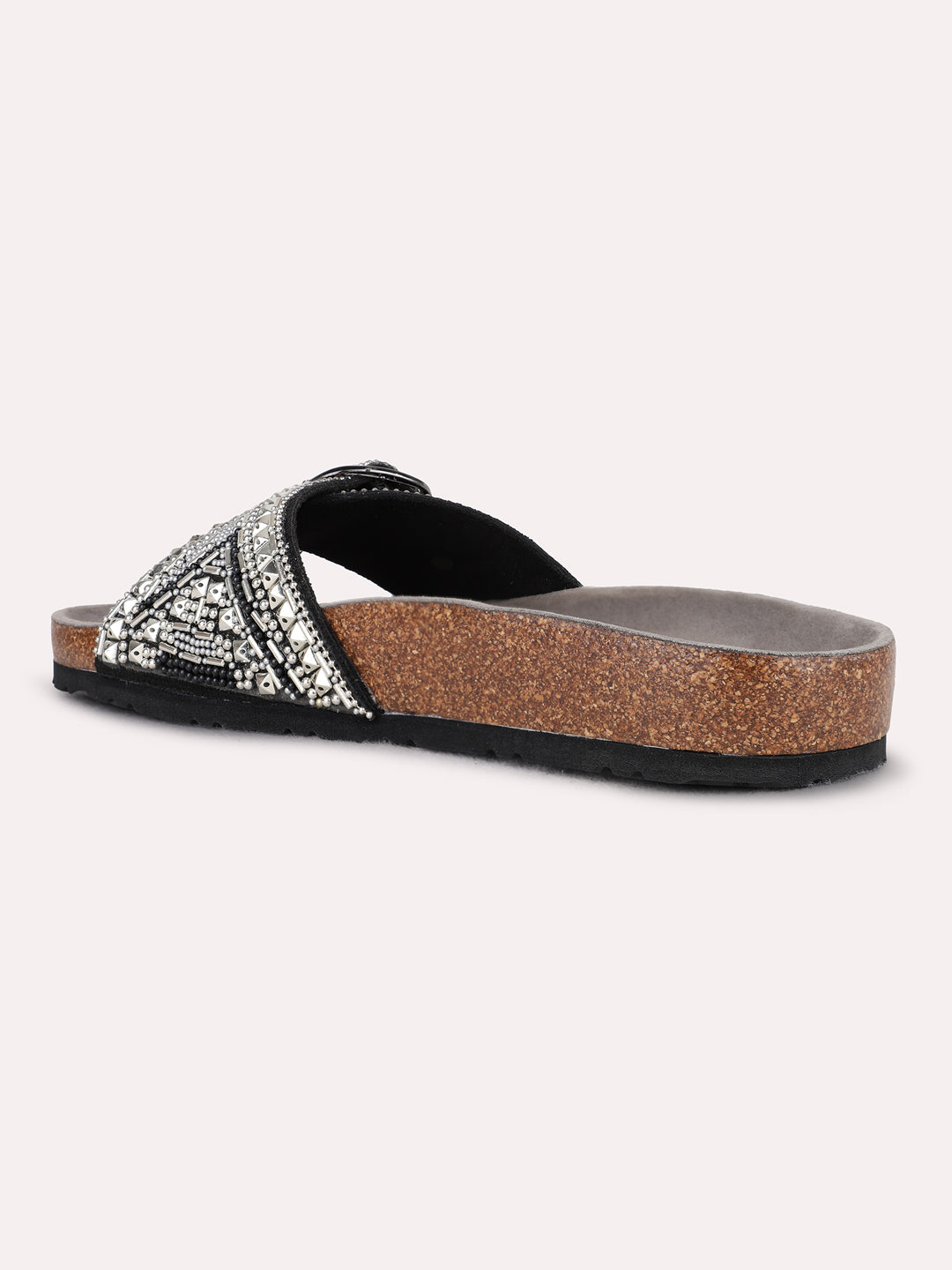 Womens Silver Ethnic Embellished Open Toe Flat Slip-On Sandals