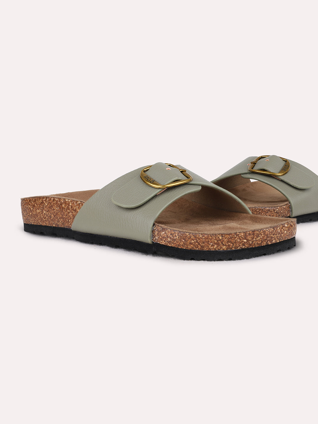 Womens Green Casual Solid Open Toe Flat Slip-On Sandals