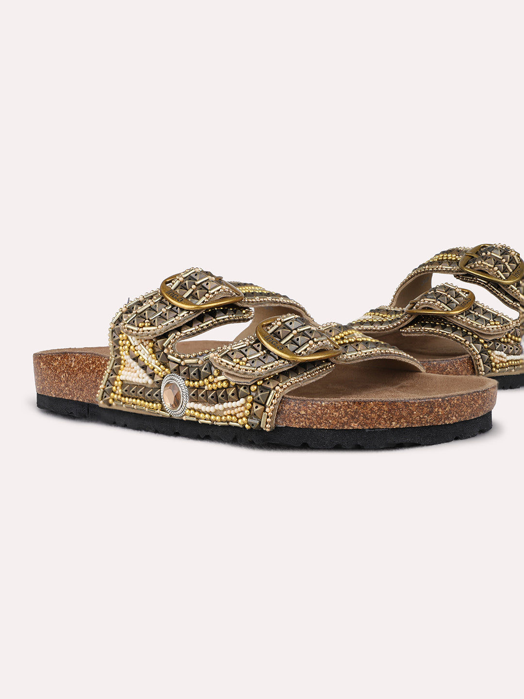 Womens Golden Casual Embellished Open Toe Flat Slip-On Sandals