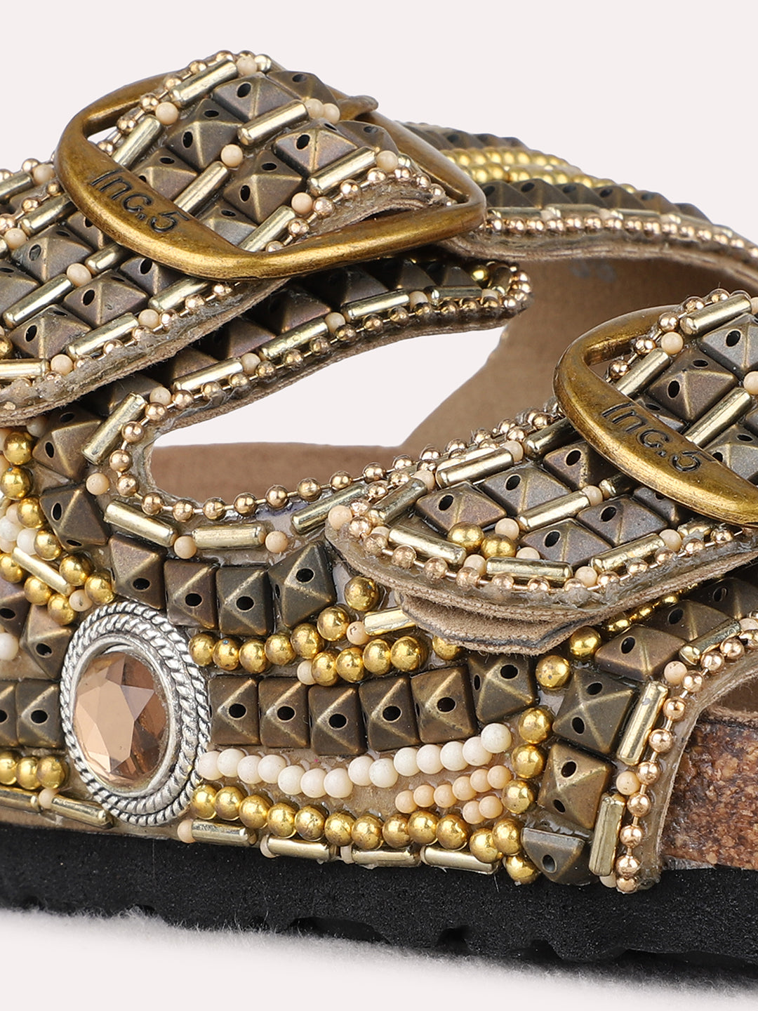 Womens Golden Casual Embellished Open Toe Flat Slip-On Sandals