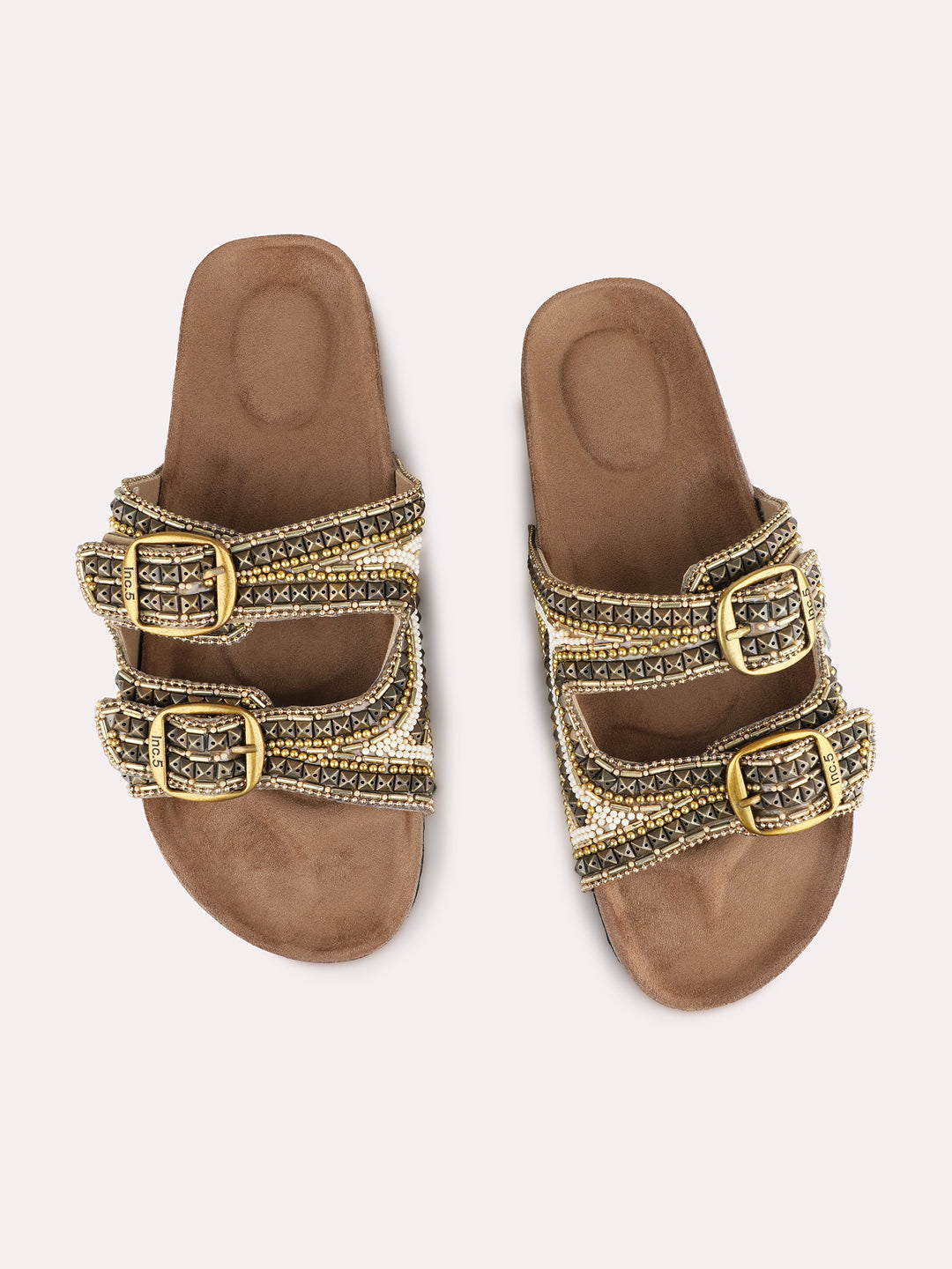 Womens Golden Casual Embellished Open Toe Flat Slip-On Sandals