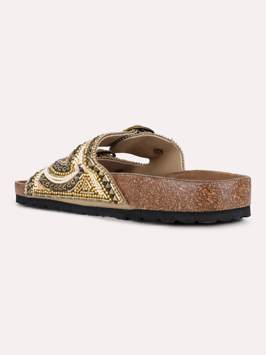 Womens Golden Casual Embellished Open Toe Flat Slip-On Sandals