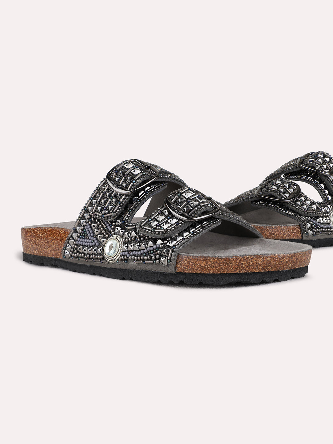 Womens Pewter Casual Embellished Open Toe Flats