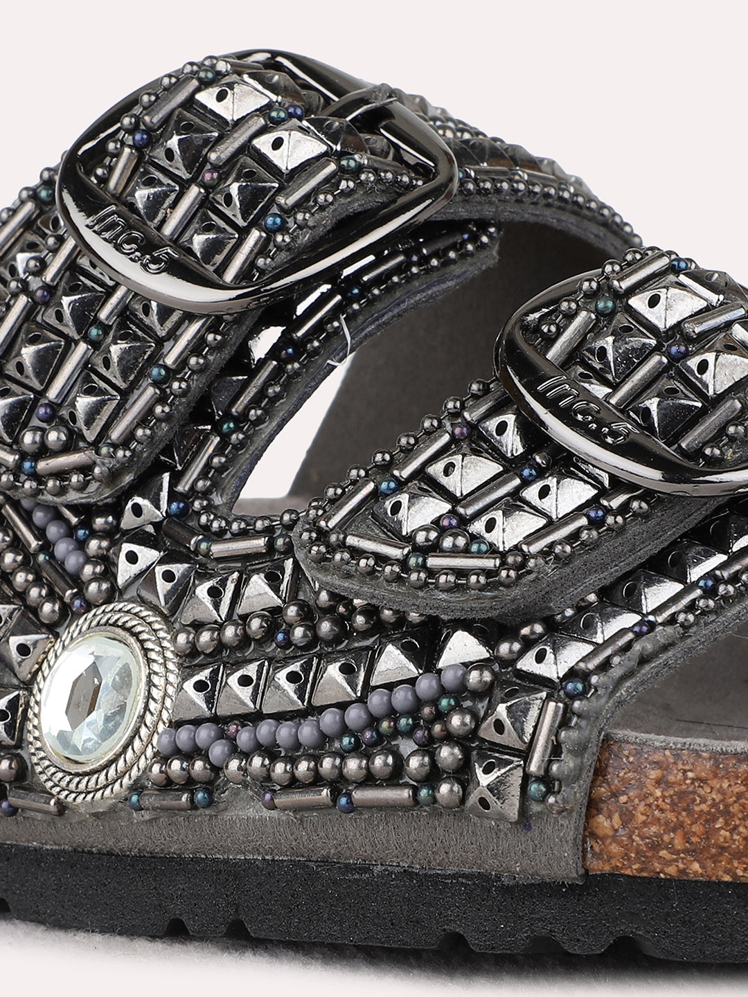 Womens Pewter Casual Embellished Open Toe Flats