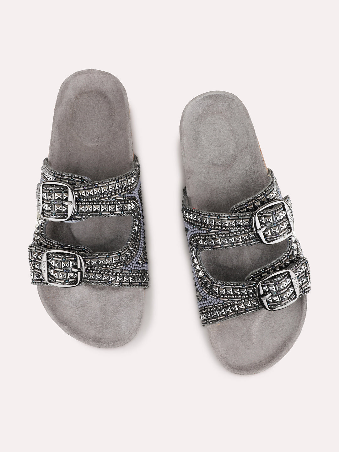 Womens Pewter Casual Embellished Open Toe Flats