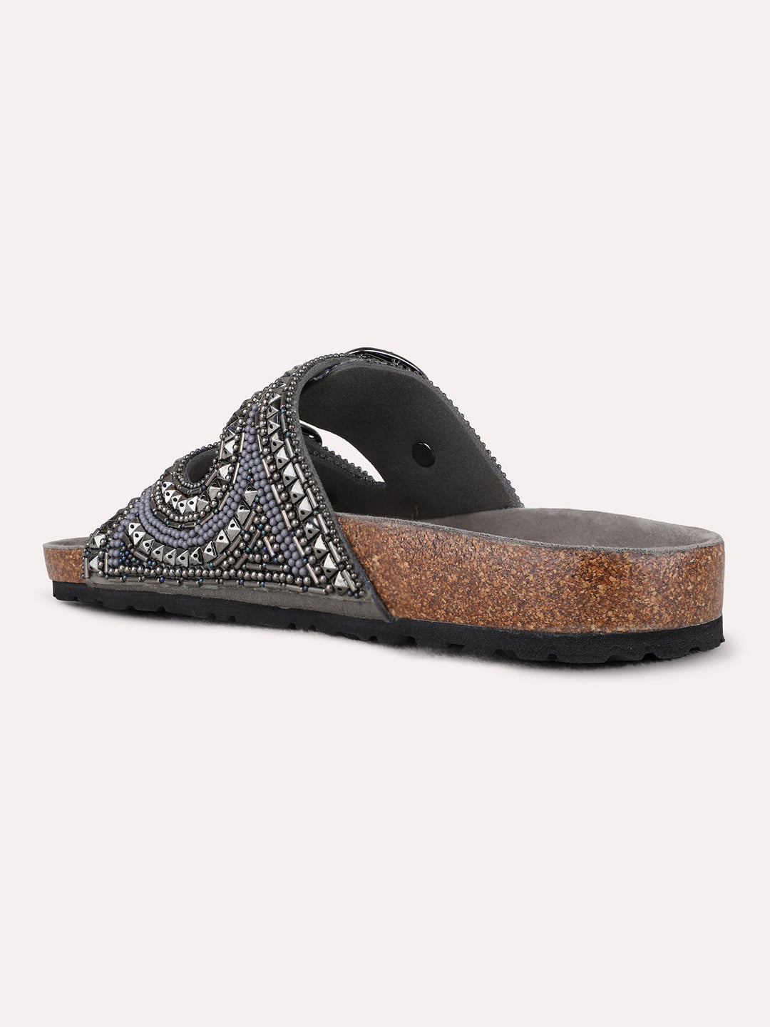 Womens Pewter Casual Embellished Open Toe Flats