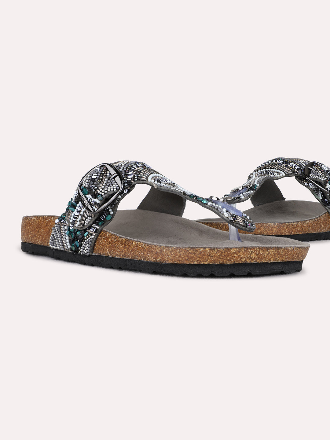 Womens Pewter Casual Printed T-Strap Flat Slip-On Sandals
